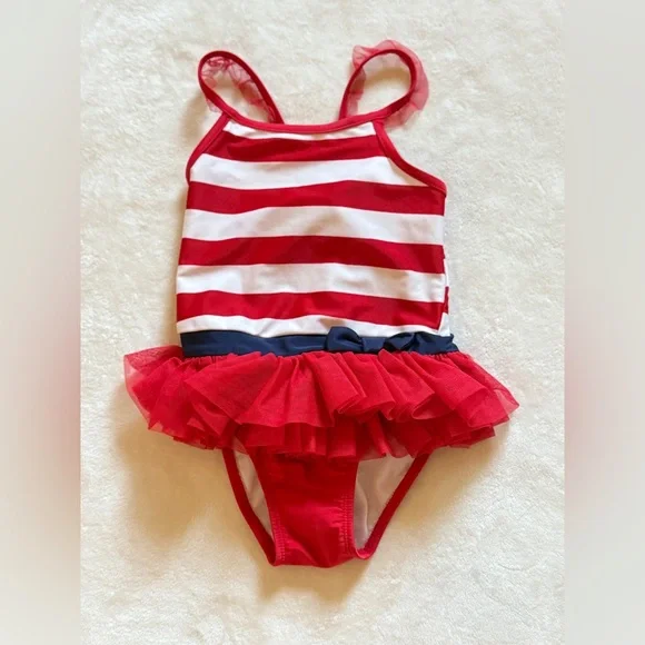 4at Cat & Jack Red Blue and White One Piece Swimsuit Tutu Tulle 4th of July - Picture 1 of 3